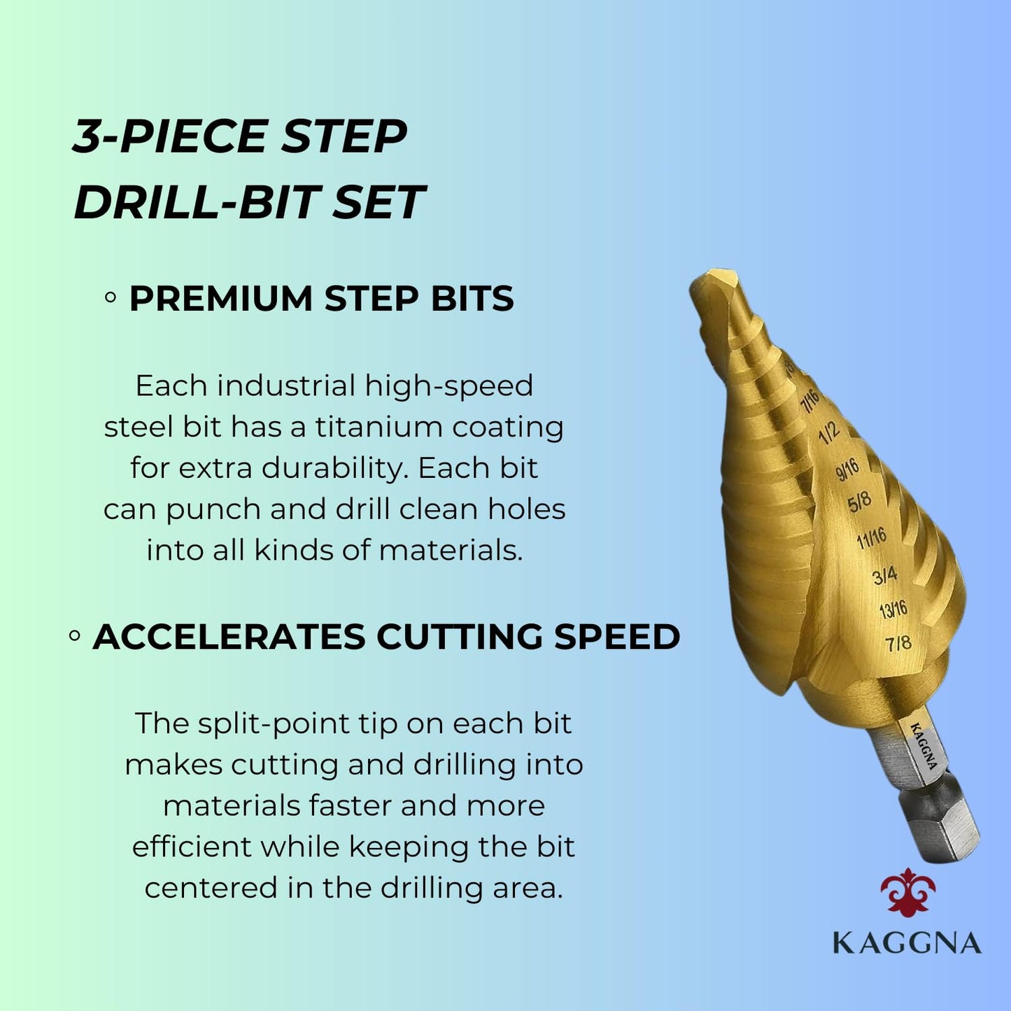 Titanium Coated Step Drill Bit Set, 3 Pcs, Spiral Grooved for Faster Drilling, Step Bits for Stainless Steel, Metal, Wood, Plastic, Unibit Cone Drill Bits with 31 Step Sizes Total