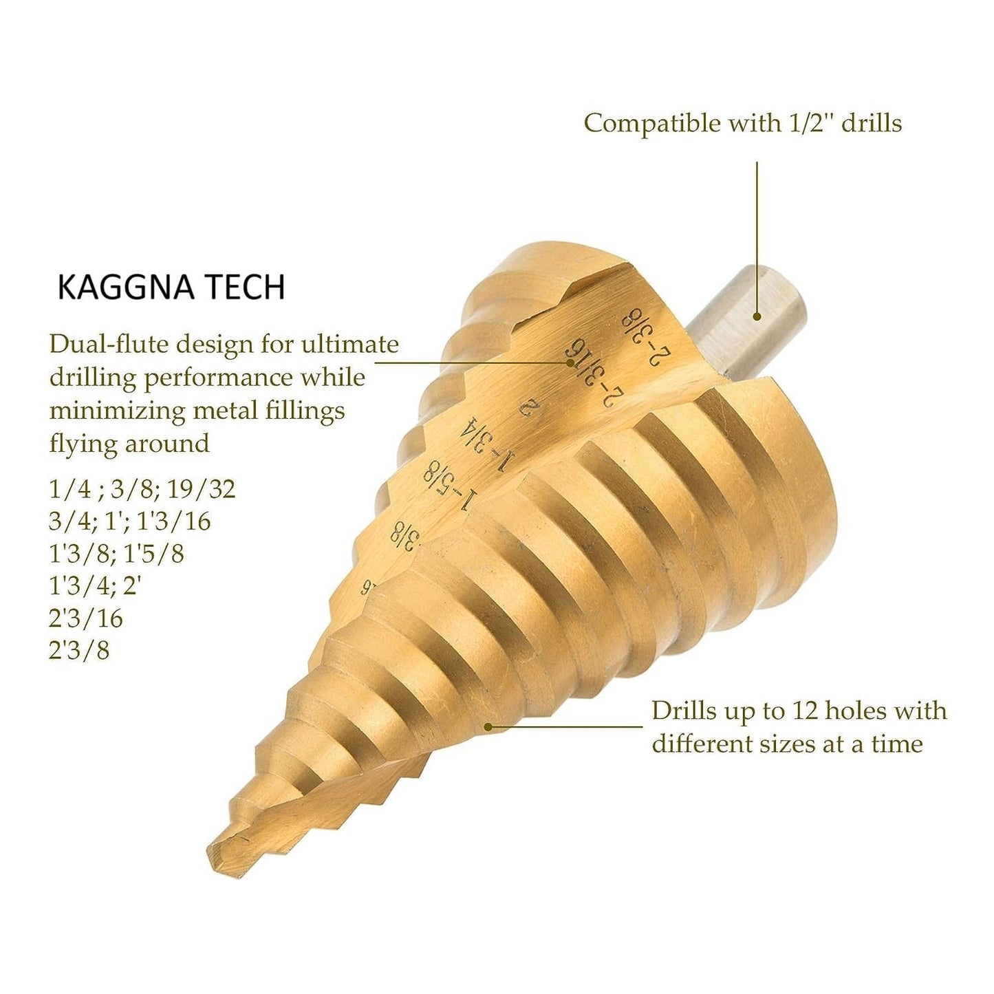 Large HSS Spiral Step Drill Bit, Cone Shaped 12 Sizes Titanium High Speed Steel 1/4" to 2-3/8" Drill Bit for Sheet Aluminium Metal Wood Hole Drilling, Big Multiple Hole Stepped Up Bit