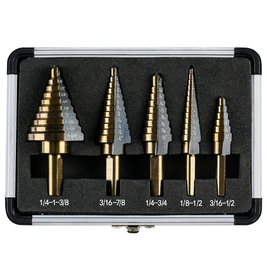 HSS 5PCS Titanium Step Drill Bit Set, 50 Sizes in 5 High Speed Steel Unibit Drill Bits Set for Sheet Metal with Aluminum Case, Multiple Hole Stepped Up Bits for DIY Lovers