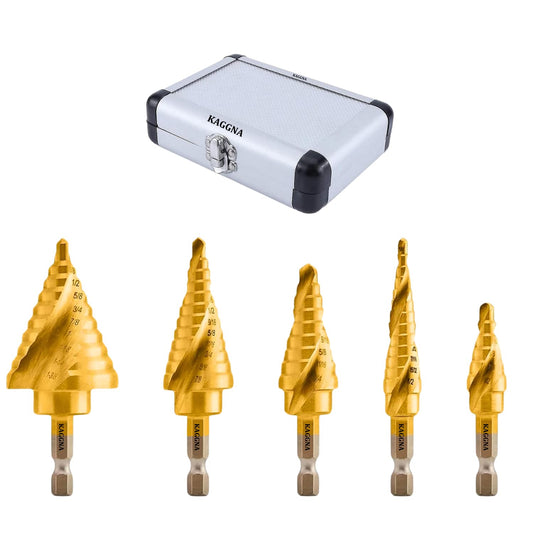 Step Drill Bit Set for Steel, Metal, Iron, Aluminum and Wood, 5 Piece SAE, Spiral Grooved for Faster Drilling, Step Bits with 50 Total Step Sizes, Titanium Coated Unibits