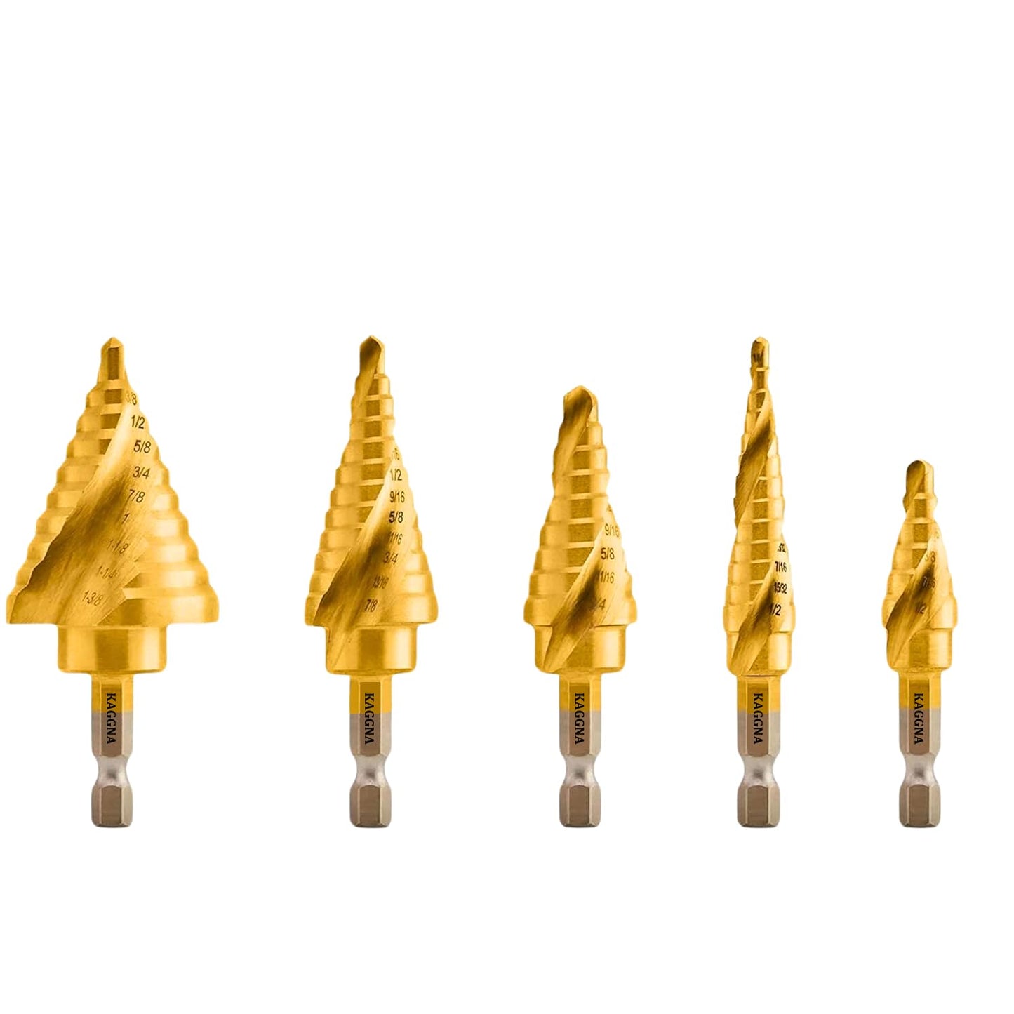 Step Drill Bit Set for Steel, Metal, Iron, Aluminum and Wood, 5 Piece SAE, Spiral Grooved for Faster Drilling, Step Bits with 50 Total Step Sizes, Titanium Coated Unibits