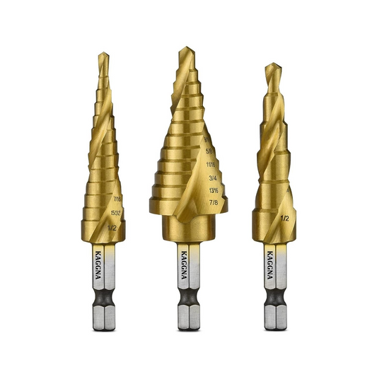 Titanium Coated Step Drill Bit Set, 3 Pcs, Spiral Grooved for Faster Drilling, Step Bits for Stainless Steel, Metal, Wood, Plastic, Unibit Cone Drill Bits with 31 Step Sizes Total